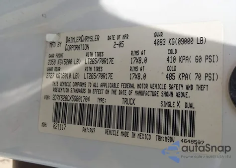 2005 Dodge Ram 2500 Slt/Laramie из США, поврежденный, VIN 3D7KS28CX5G801704